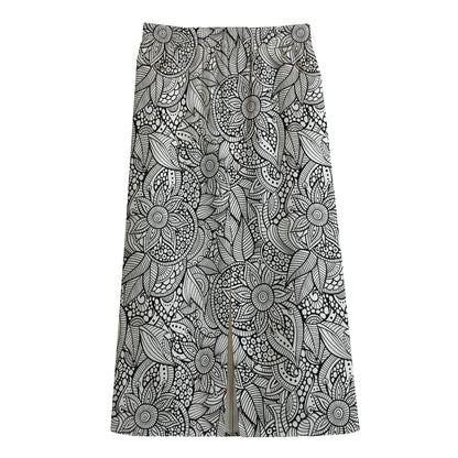 Monochrome Zentangle Pattern Print Cotton Front Slit Maxi Skirt
