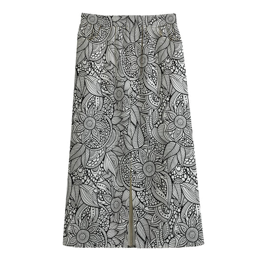 Monochrome Zentangle Pattern Print Cotton Front Slit Maxi Skirt