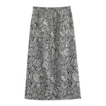 Monochrome Zentangle Pattern Print Cotton Front Slit Maxi Skirt