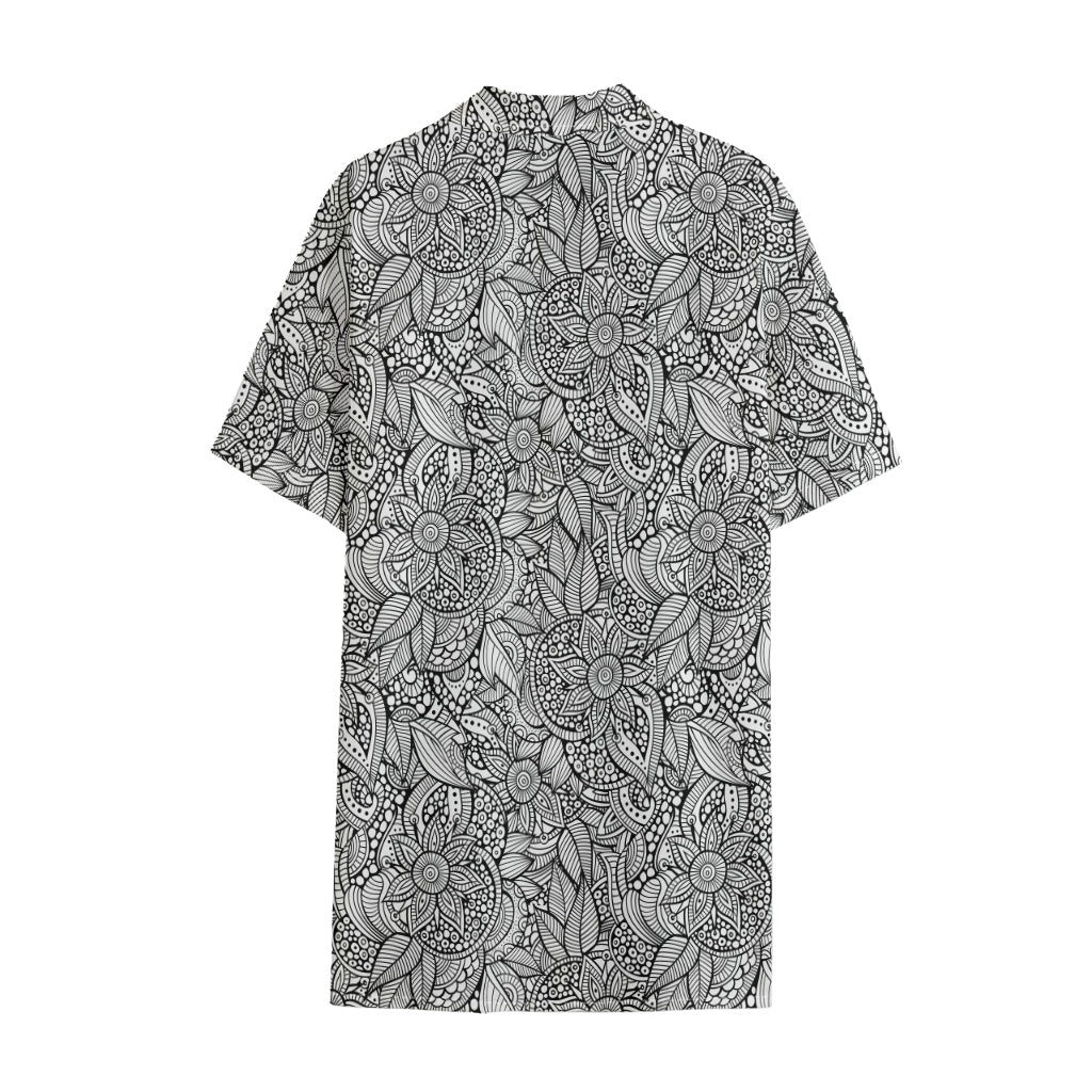 Monochrome Zentangle Pattern Print Cotton Hawaiian Shirt