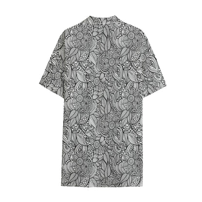 Monochrome Zentangle Pattern Print Cotton Hawaiian Shirt