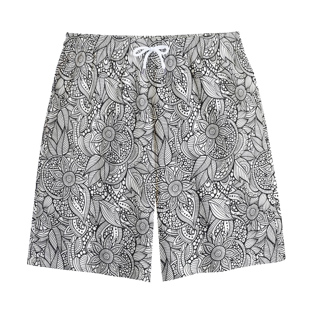 Monochrome Zentangle Pattern Print Cotton Shorts