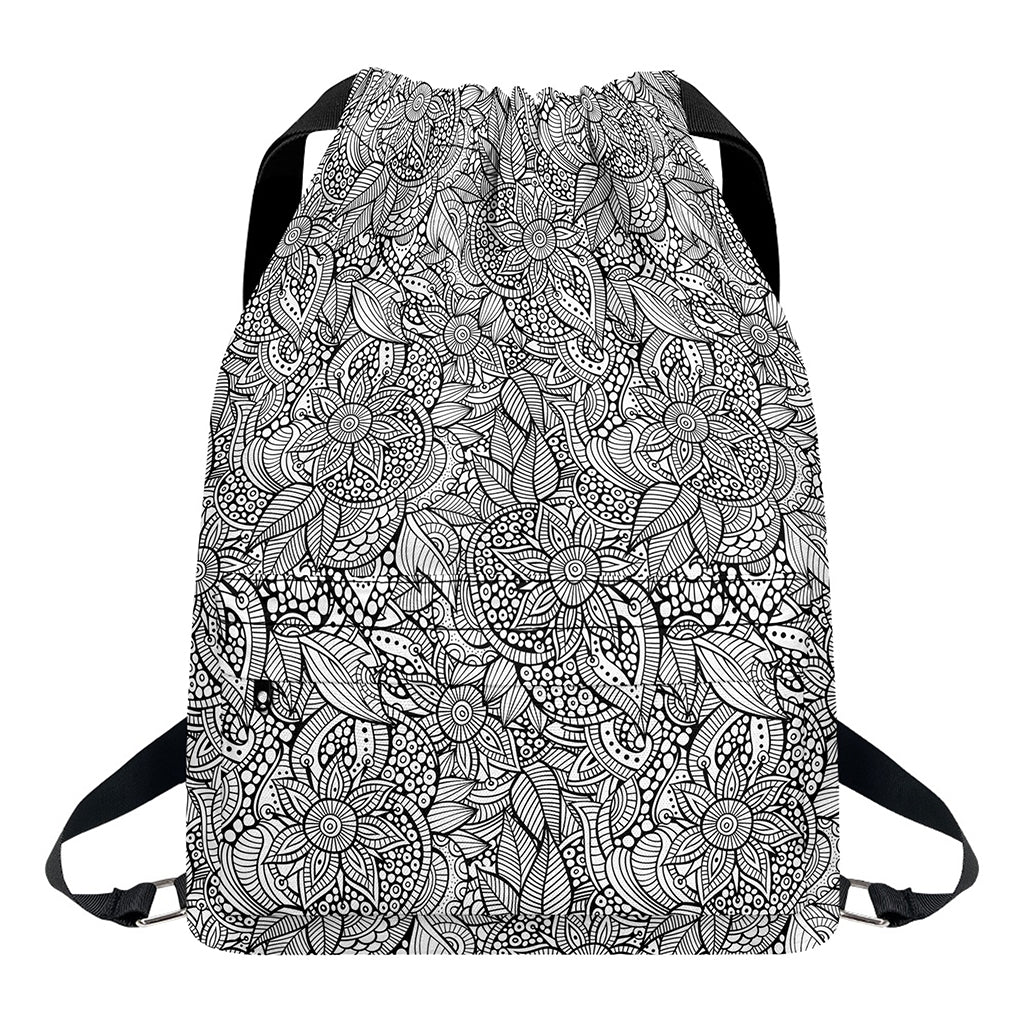 Monochrome Zentangle Pattern Print Drawstring Backpack