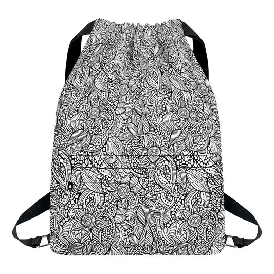 Monochrome Zentangle Pattern Print Drawstring Backpack