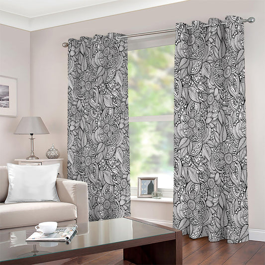 Monochrome Zentangle Pattern Print Extra Wide Grommet Curtains