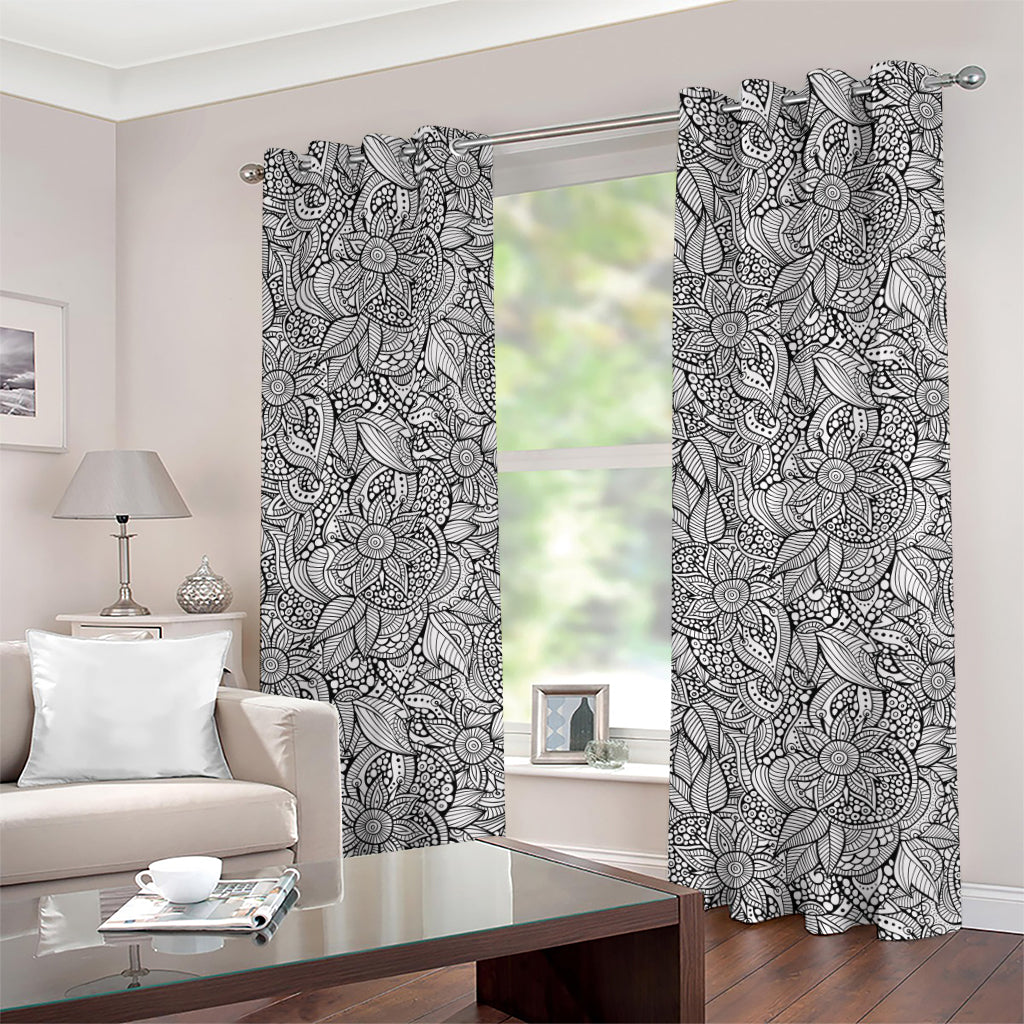 Monochrome Zentangle Pattern Print Grommet Curtains