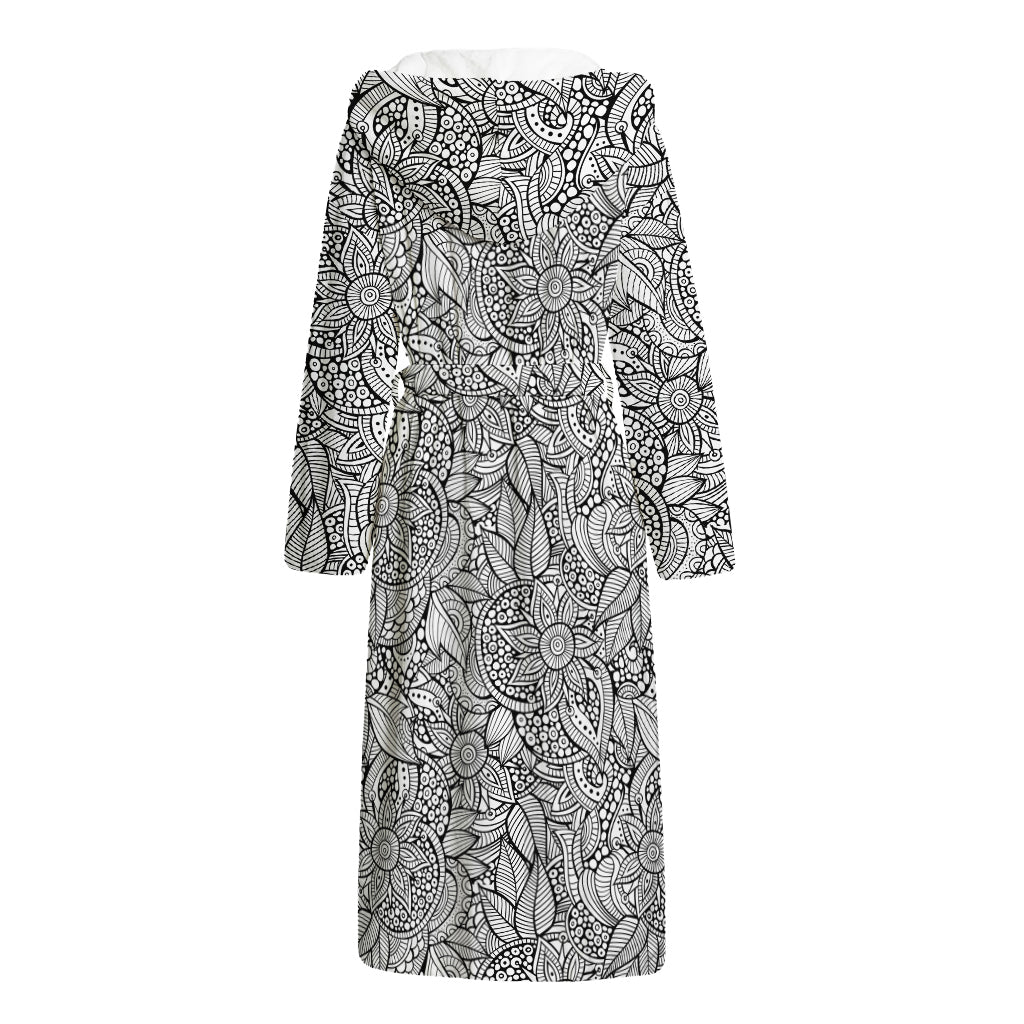 Monochrome Zentangle Pattern Print Hooded Bathrobe