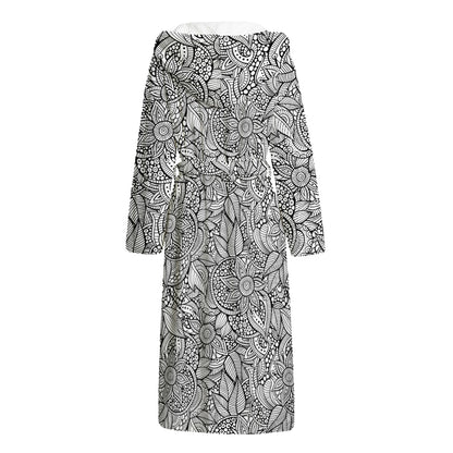 Monochrome Zentangle Pattern Print Hooded Bathrobe