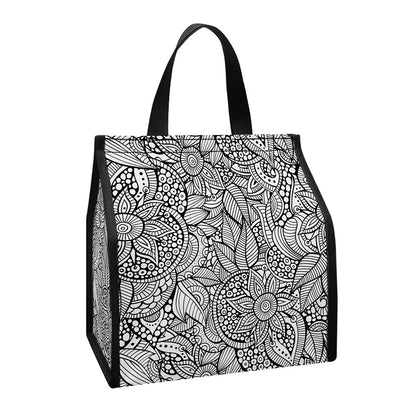Monochrome Zentangle Pattern Print Insulated Lunch Tote