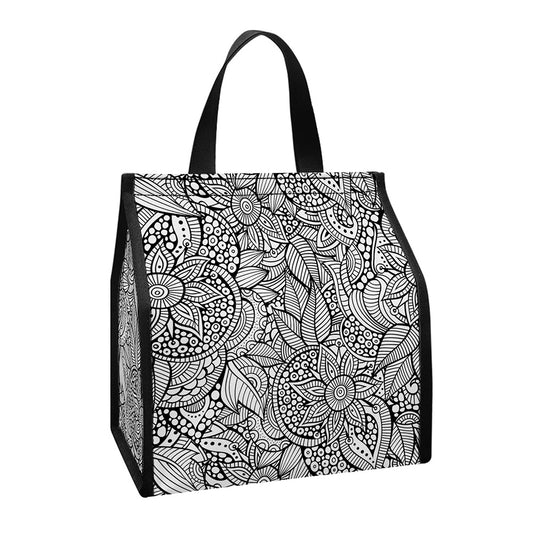 Monochrome Zentangle Pattern Print Insulated Lunch Tote