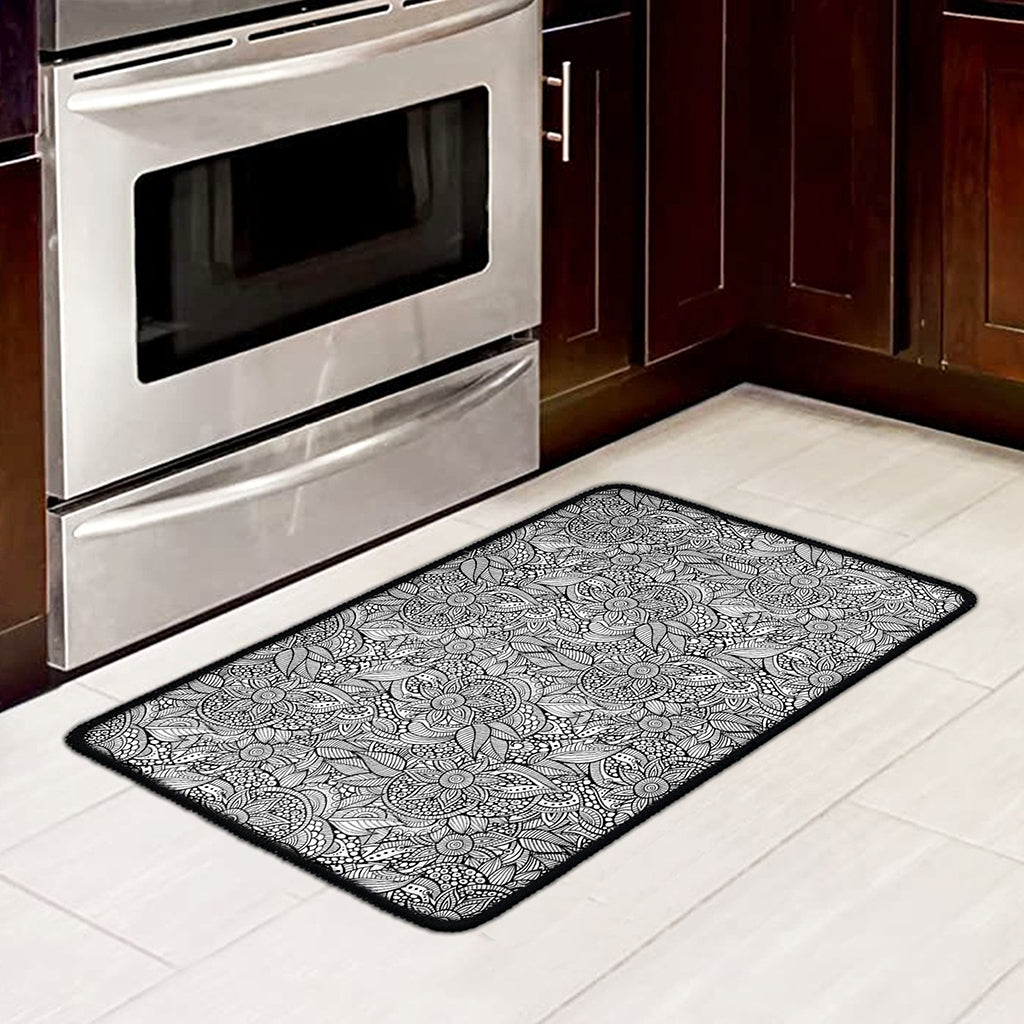Monochrome Zentangle Pattern Print Kitchen Mat