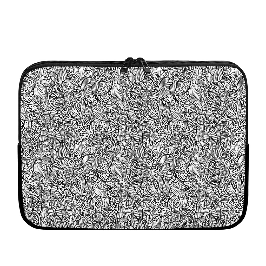 Monochrome Zentangle Pattern Print Laptop Sleeve