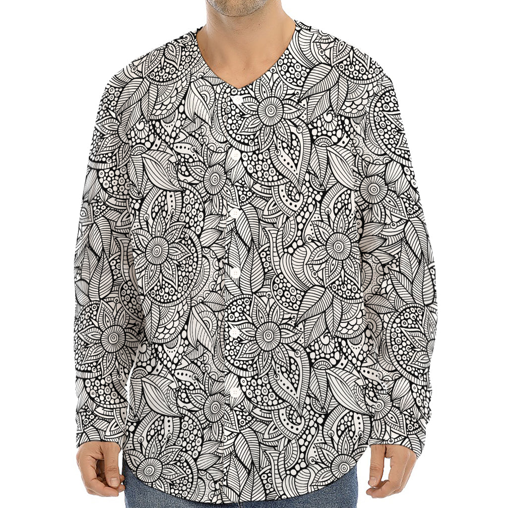Monochrome Zentangle Pattern Print Long Sleeve Baseball Jersey