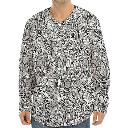 Monochrome Zentangle Pattern Print Long Sleeve Baseball Jersey