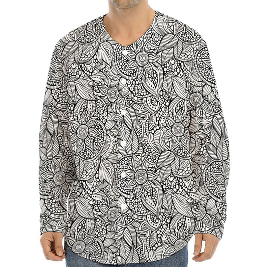 Monochrome Zentangle Pattern Print Long Sleeve Baseball Jersey