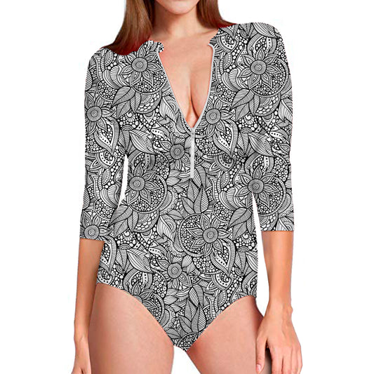 Monochrome Zentangle Pattern Print Long Sleeve Swimsuit