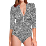 Monochrome Zentangle Pattern Print Long Sleeve Swimsuit