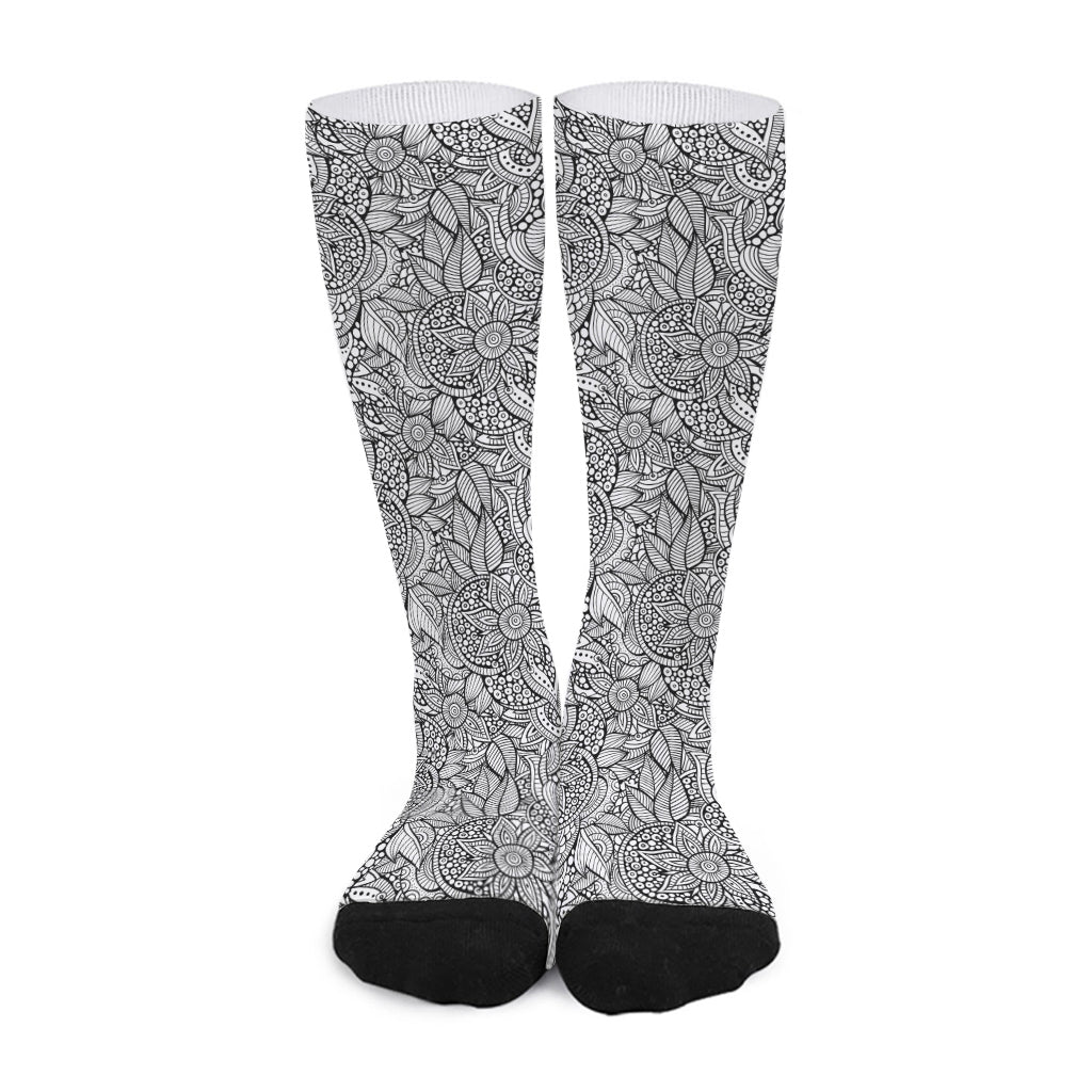 Monochrome Zentangle Pattern Print Long Socks