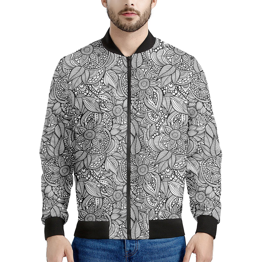 Monochrome Zentangle Pattern Print Men's Bomber Jacket