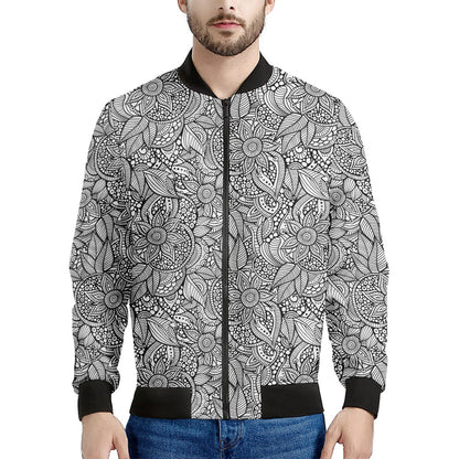 Monochrome Zentangle Pattern Print Men's Bomber Jacket
