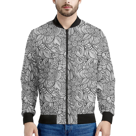 Monochrome Zentangle Pattern Print Men's Bomber Jacket