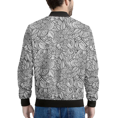 Monochrome Zentangle Pattern Print Men's Bomber Jacket