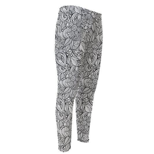 Monochrome Zentangle Pattern Print Men's Compression Pants