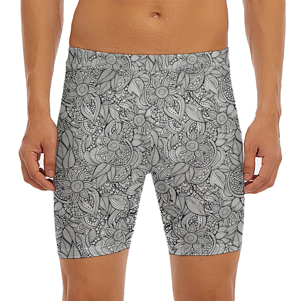 Monochrome Zentangle Pattern Print Men's Long Boxer Briefs
