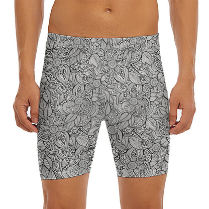 Monochrome Zentangle Pattern Print Men's Long Boxer Briefs