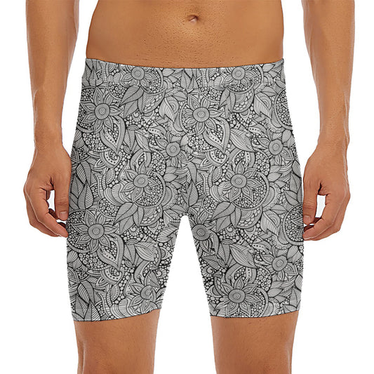 Monochrome Zentangle Pattern Print Men's Long Boxer Briefs