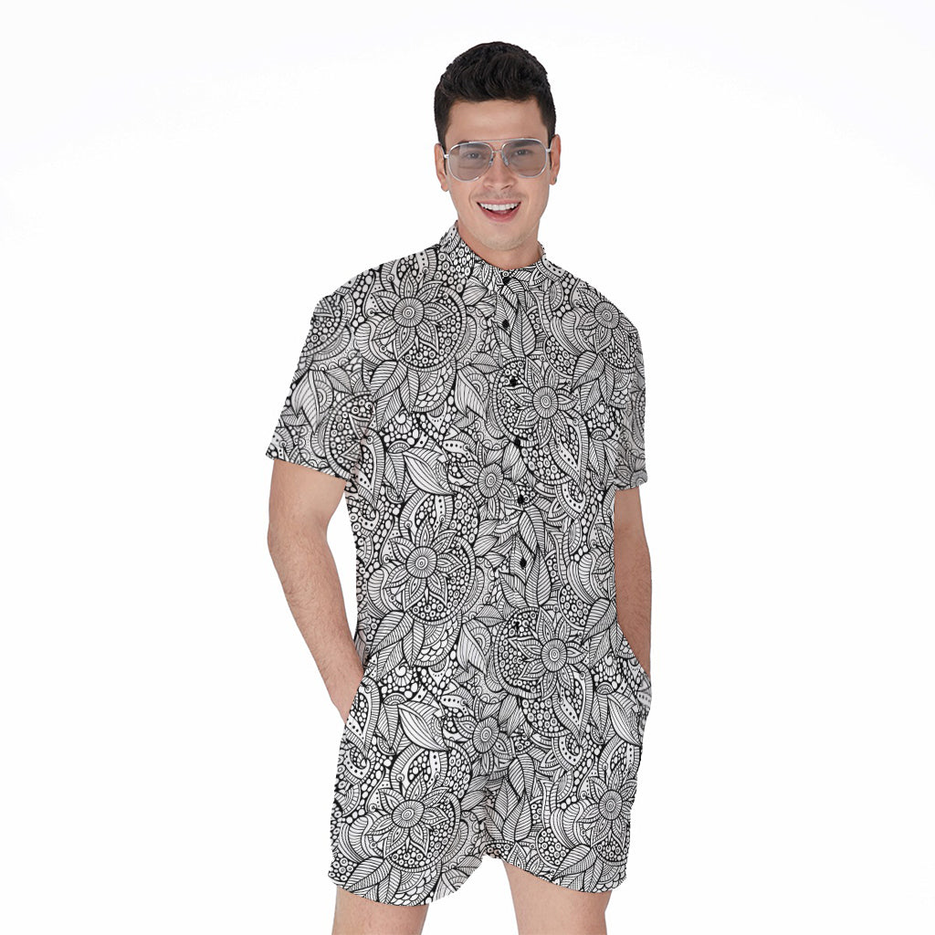 Monochrome Zentangle Pattern Print Men's Rompers
