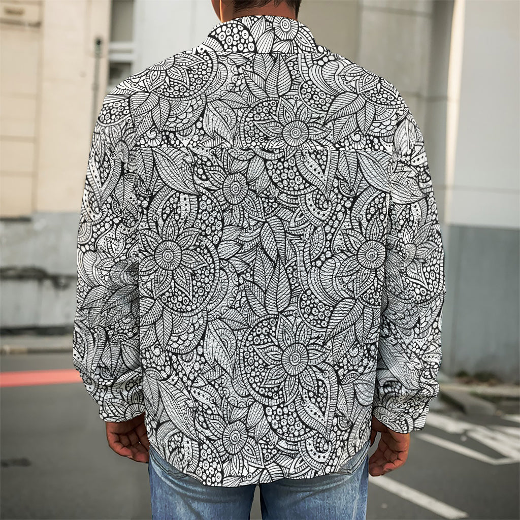 Monochrome Zentangle Pattern Print Men's Shirt Jacket