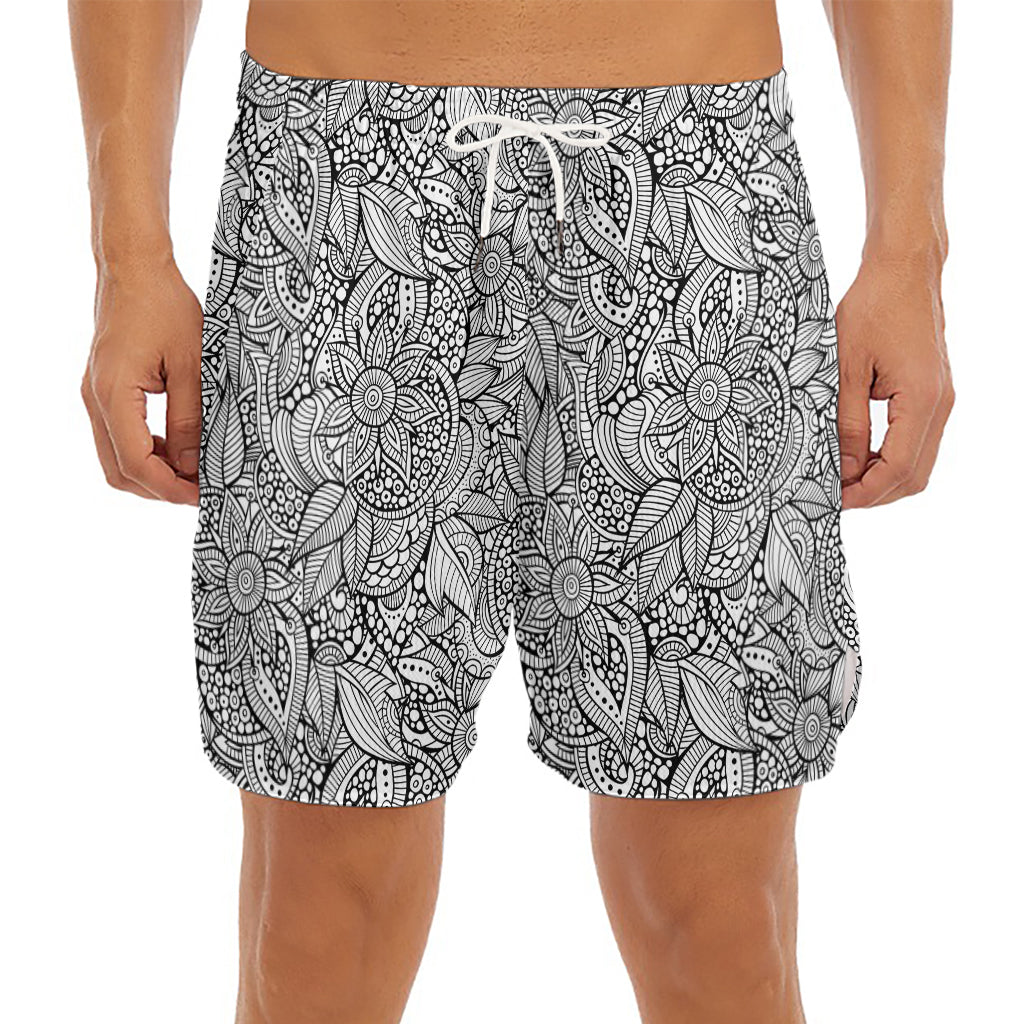 Monochrome Zentangle Pattern Print Men's Split Running Shorts