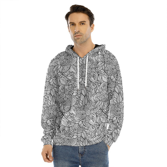 Monochrome Zentangle Pattern Print Men's Velvet Pullover Hoodie