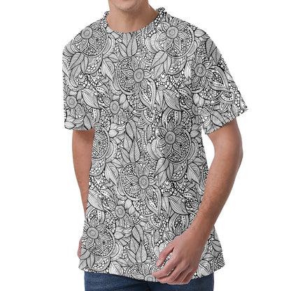 Monochrome Zentangle Pattern Print Men's Velvet T-Shirt