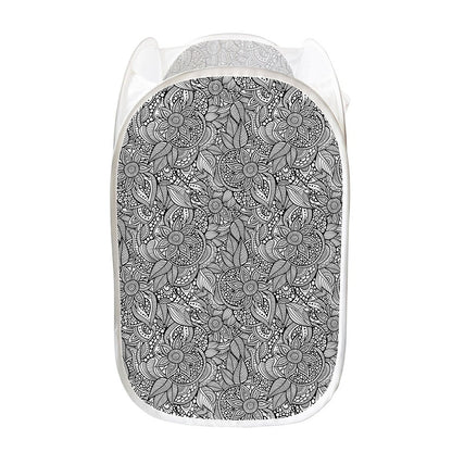 Monochrome Zentangle Pattern Print Mesh Laundry Hamper