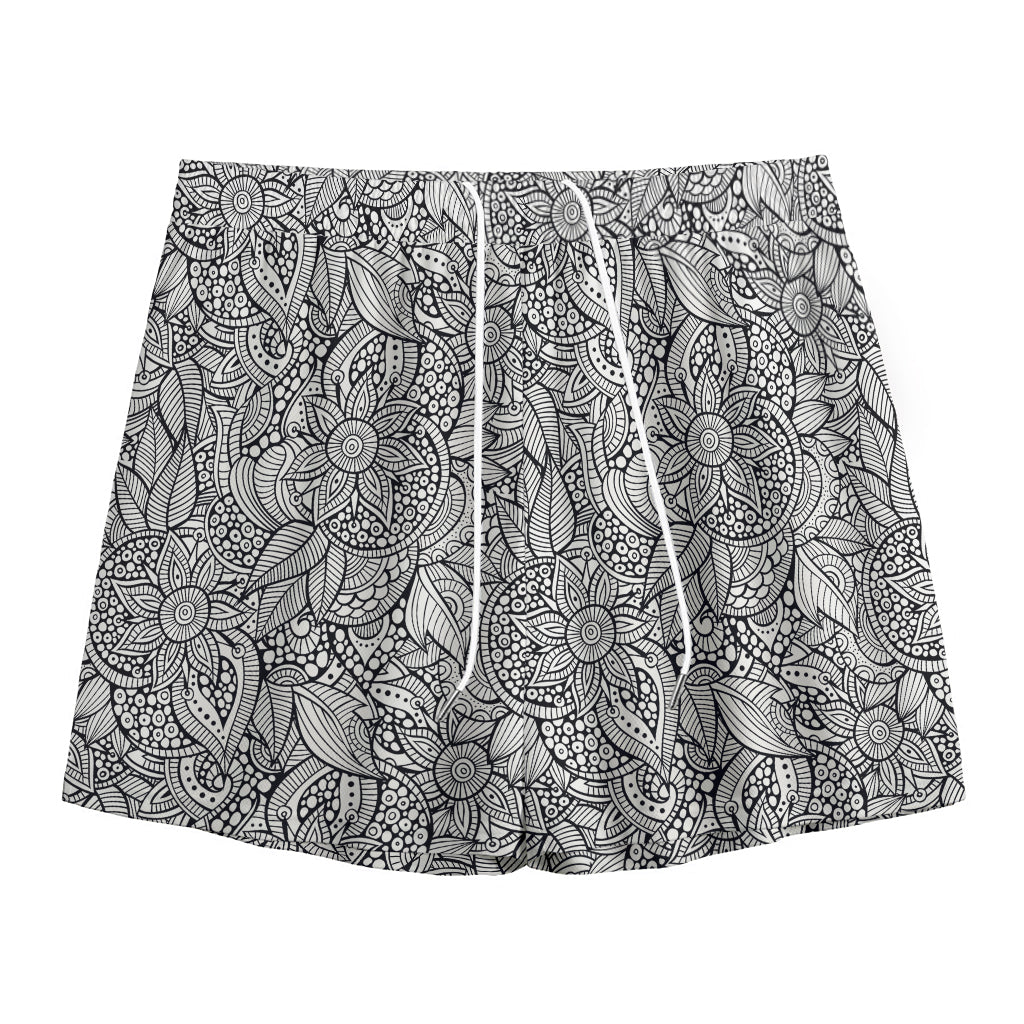 Monochrome Zentangle Pattern Print Mesh Shorts