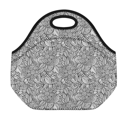 Monochrome Zentangle Pattern Print Neoprene Lunch Bag
