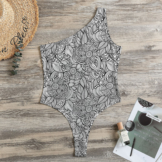 Monochrome Zentangle Pattern Print One Shoulder Bodysuit