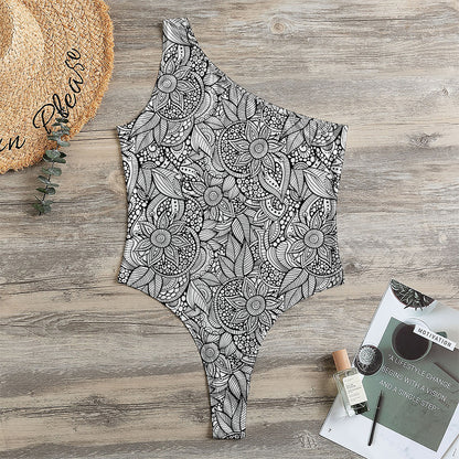 Monochrome Zentangle Pattern Print One Shoulder Bodysuit