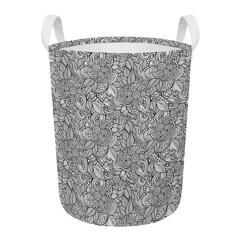 Monochrome Zentangle Pattern Print Round Laundry Basket