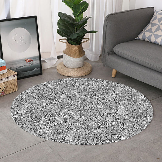 Monochrome Zentangle Pattern Print Round Rug
