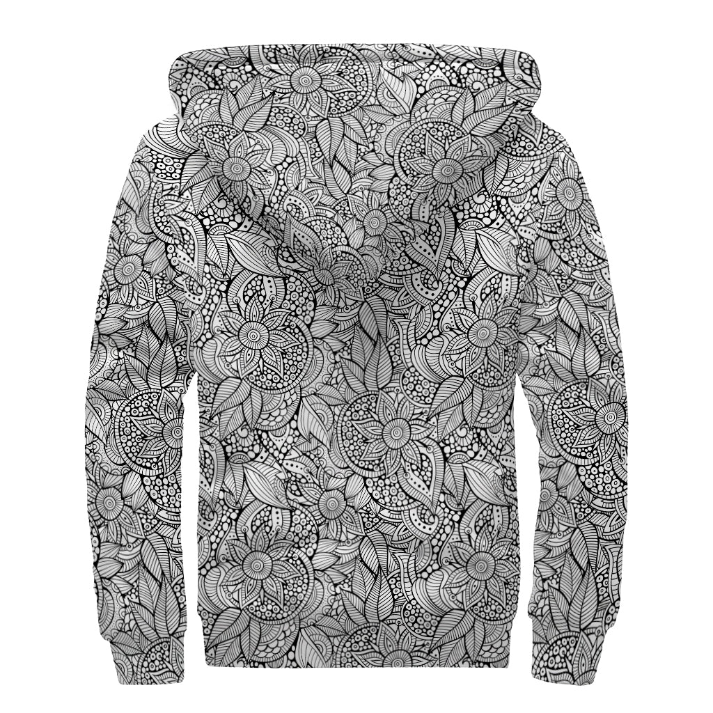 Monochrome Zentangle Pattern Print Sherpa Lined Zip Up Hoodie