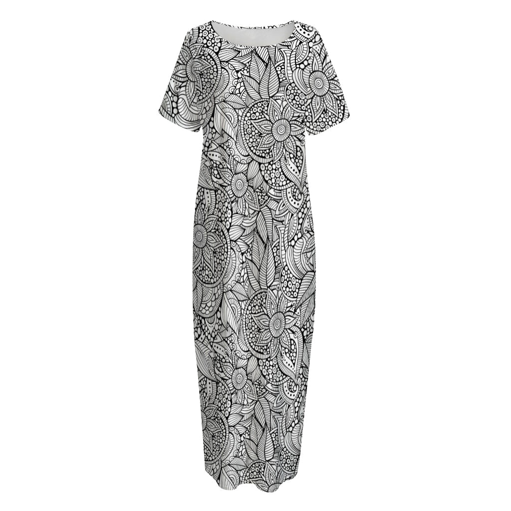 Monochrome Zentangle Pattern Print Short Sleeve Long Nightdress