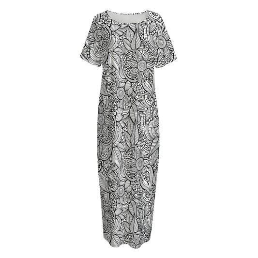 Monochrome Zentangle Pattern Print Short Sleeve Long Nightdress