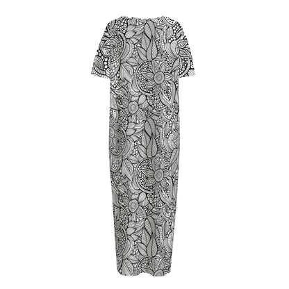 Monochrome Zentangle Pattern Print Short Sleeve Long Nightdress