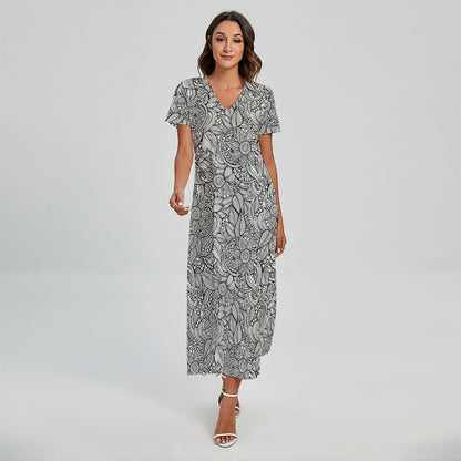 Monochrome Zentangle Pattern Print Short Sleeve Maxi Dress