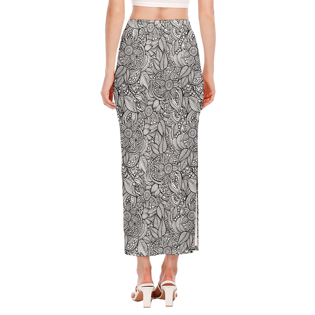 Monochrome Zentangle Pattern Print Side Slit Maxi Skirt