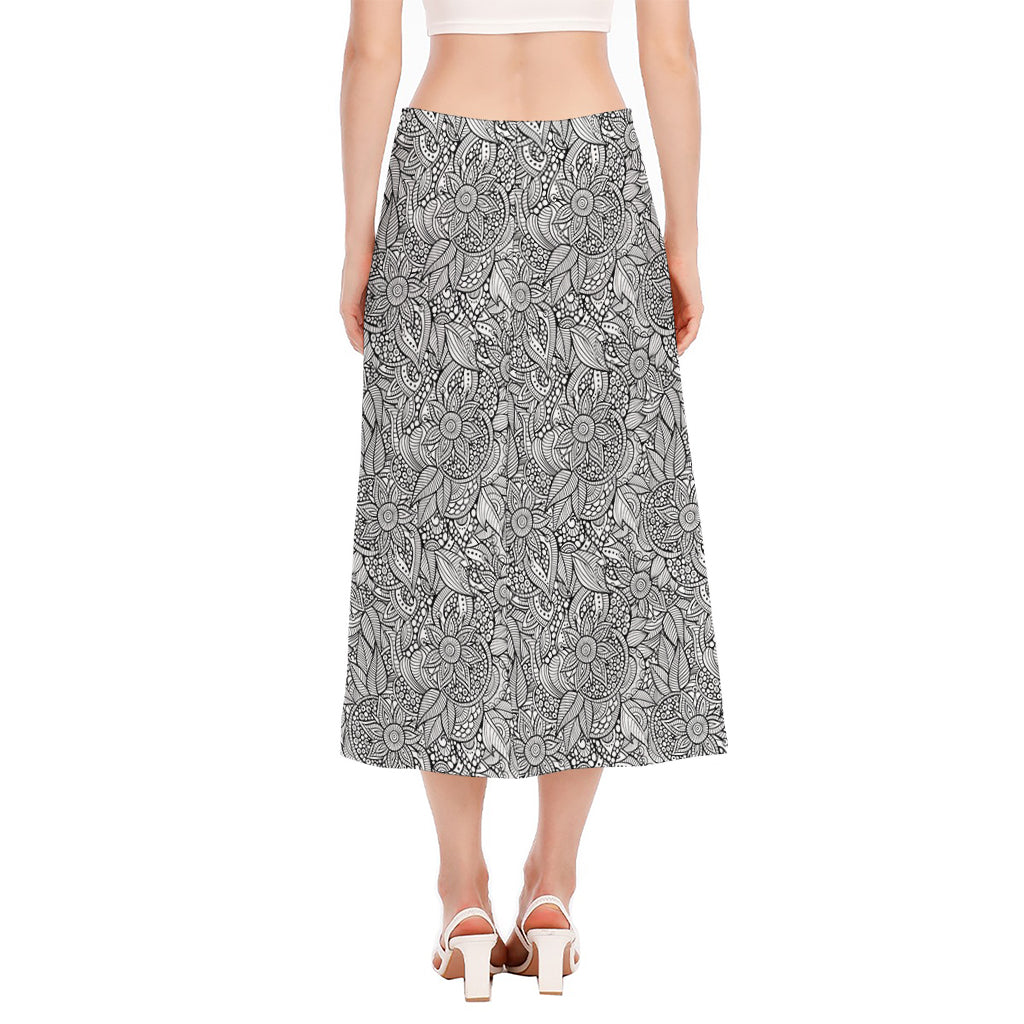 Monochrome Zentangle Pattern Print Side Slit Midi Skirt