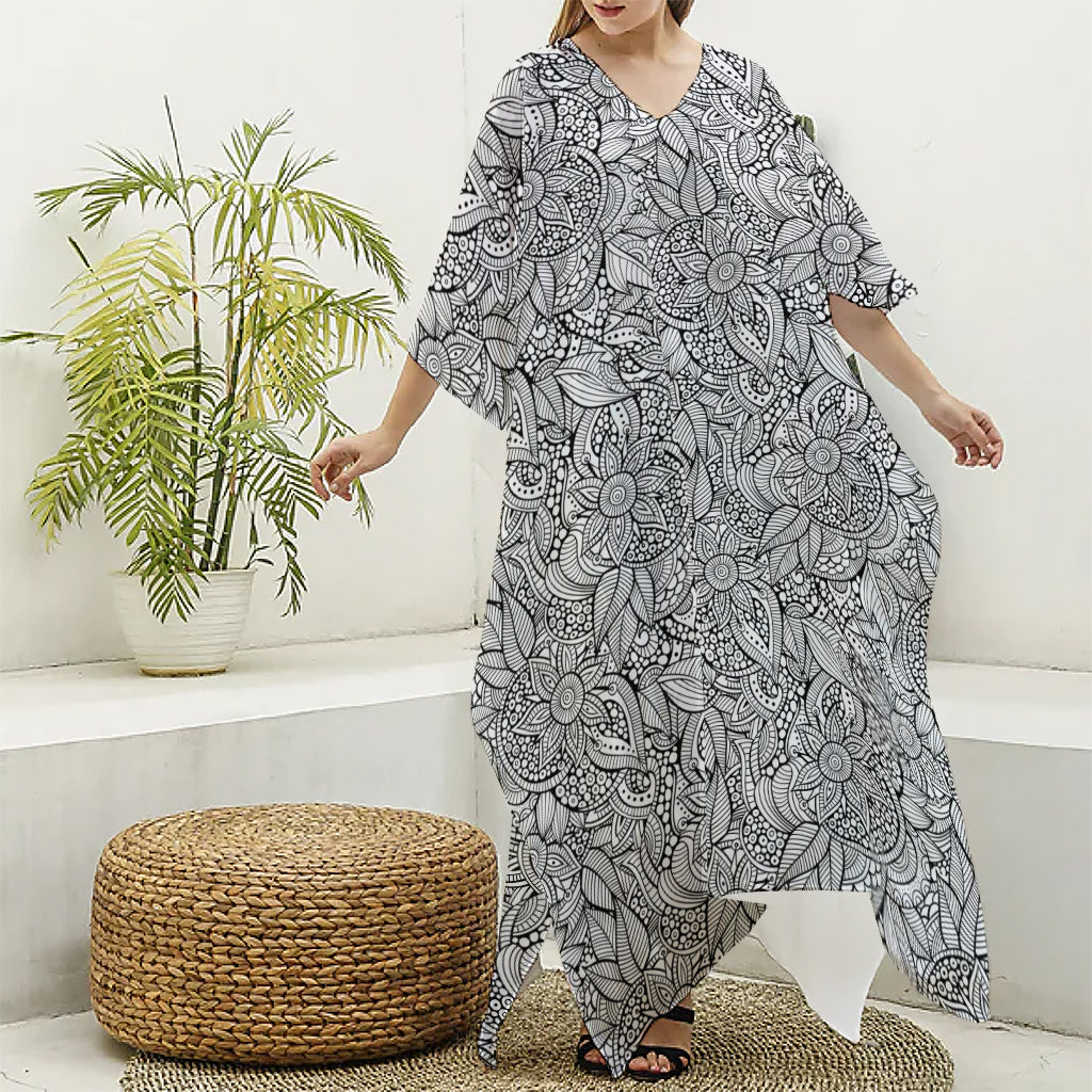 Monochrome Zentangle Pattern Print Silk V-Neck Kaftan Dress